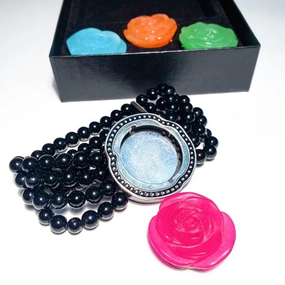 HSN Onyx Stretch Bracelet with Interchangeable 4-in-1 Magnetic Carved Roses - Picture 8 of 14